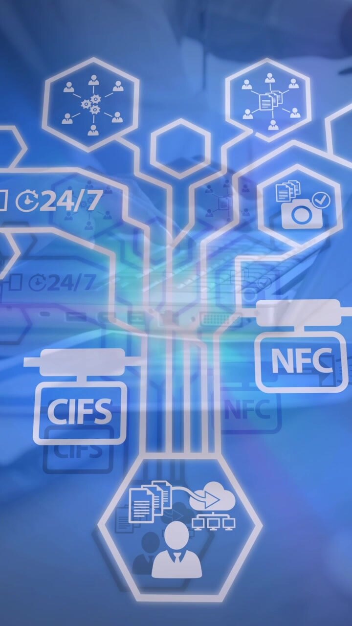 Animation of network of connections and icons over person using tablet