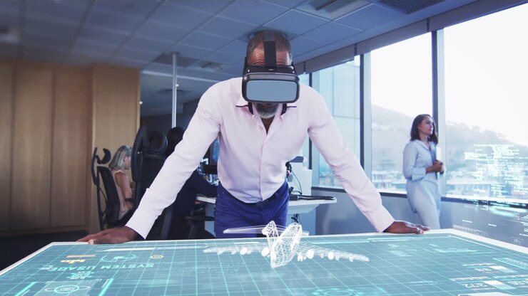 Animazione di un uomo d'affari che indossa un visore VR con un piano 3D su un tavolo