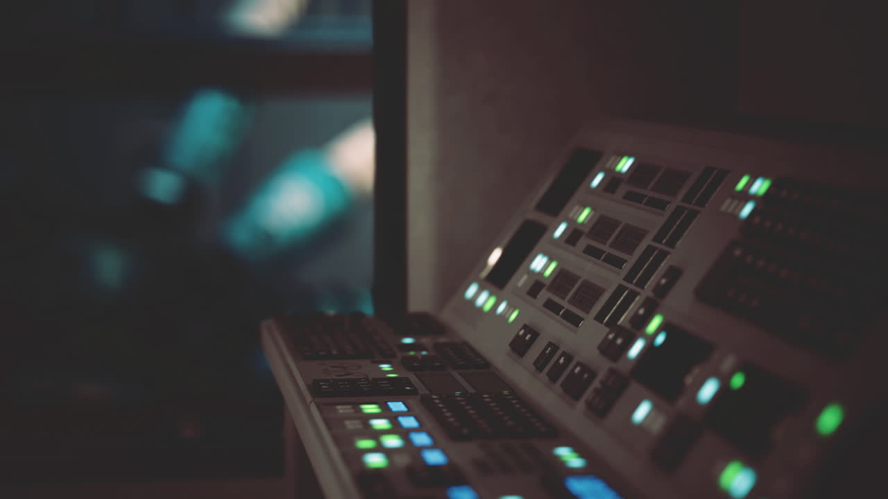 Control panel illuminated by green lights in a dark environment
