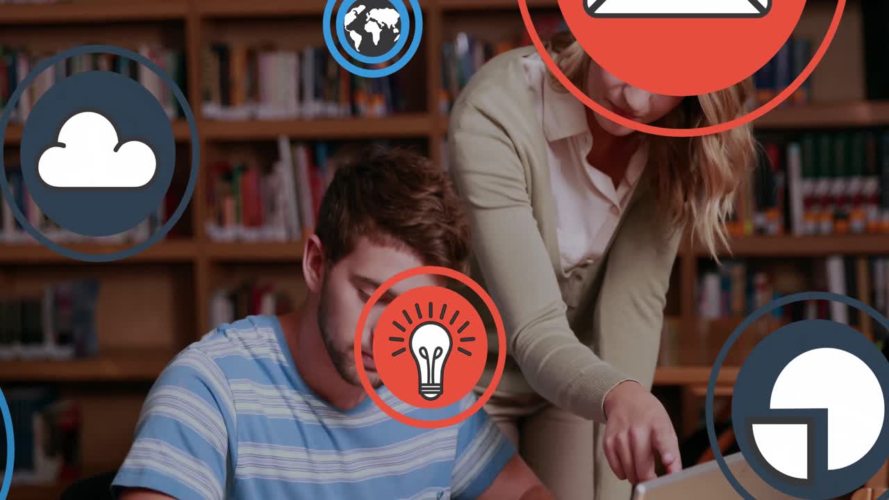 animación de icono en círculos sobre compañeros de trabajo caucásicos discutiendo informes en la computadora portátil