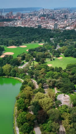 marvelous scenery of central park with lake. sunny cityscape of new york from aerial perspective. vertical video