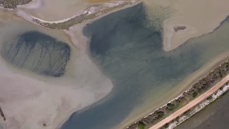 Medium-altitude-drone-flight-over-salt-marsh-ecosystems,-sunny-day-in-south-of-F