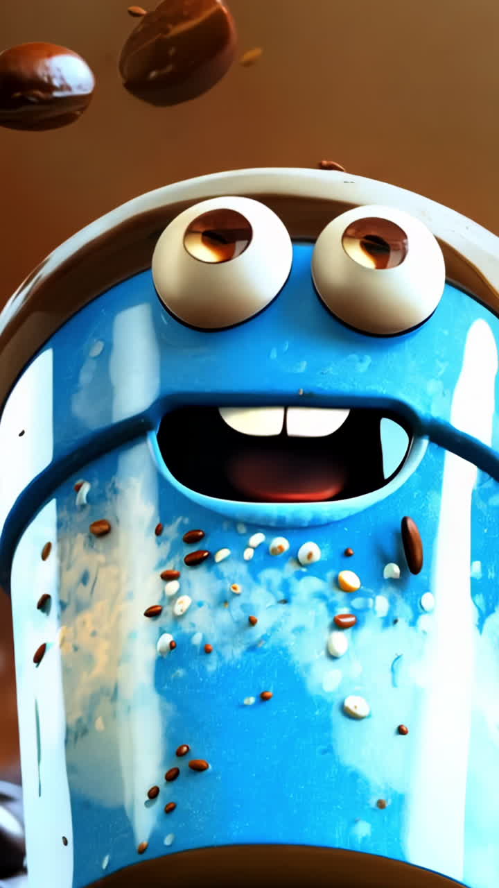 A cartoon character with a blue cup of coffee with brown foam on top. The character is smiling and has a funny expression