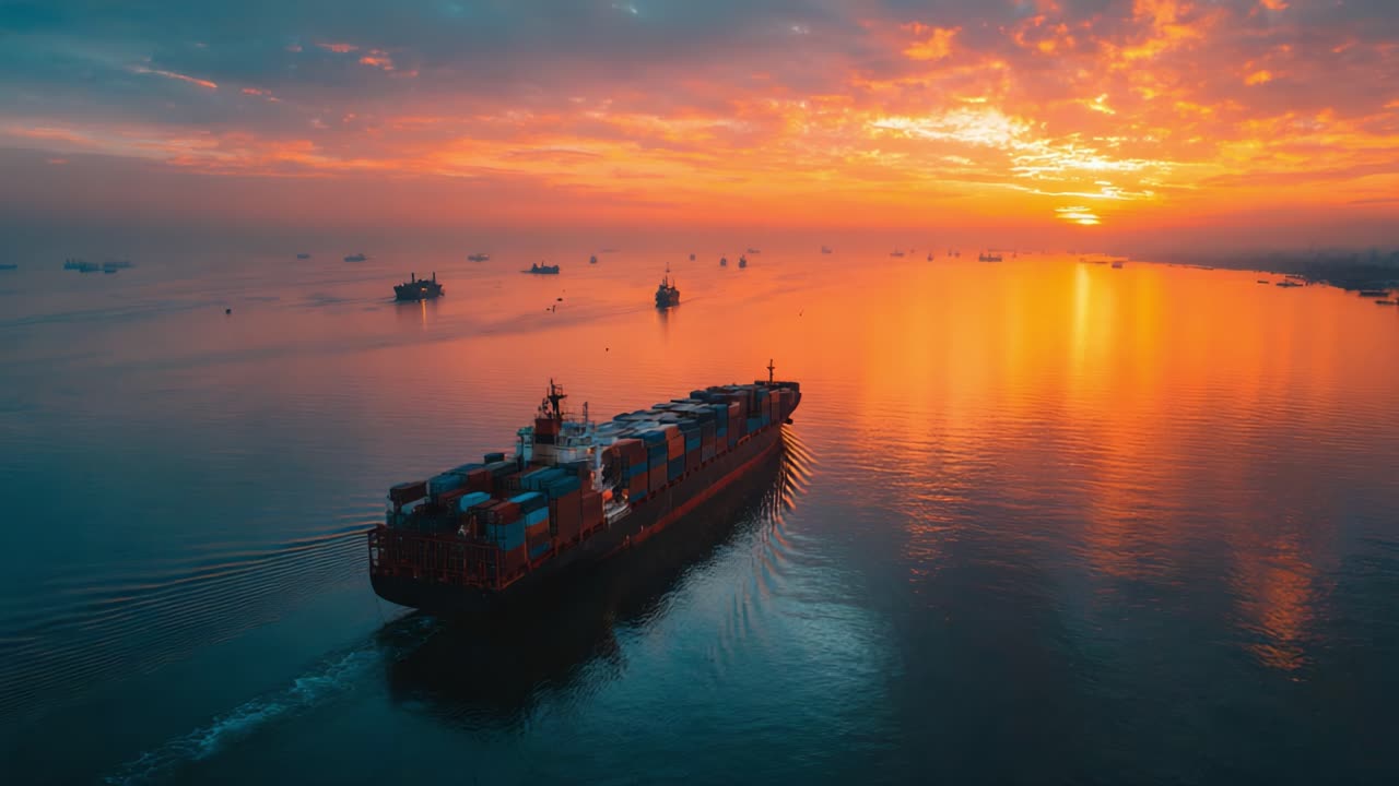 A Majestic Sunset Over Tranquil Waters with a Container Ship Silhouetted Against the Horizon, Showcasing the Beauty of Maritime Trade in a Serene Environment