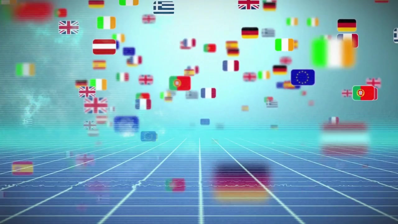 On hover cluster of European flags drifting rotating weaving in 3D render across grid showing unity