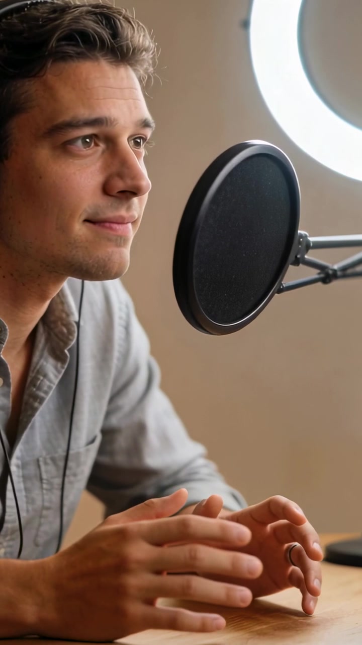 Recording starting, podcaster sitting desk speaking into mic for podcast while ring light glows