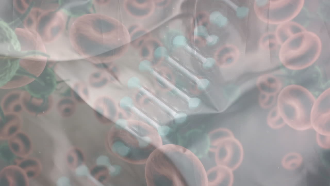 베이지색 배경에 있는 dna 위의 바이러스 세포와 혈액 세포의 애니메이션