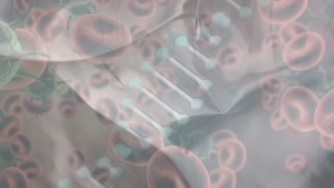 animación de células virales y células sanguíneas sobre el adn en fondo beige