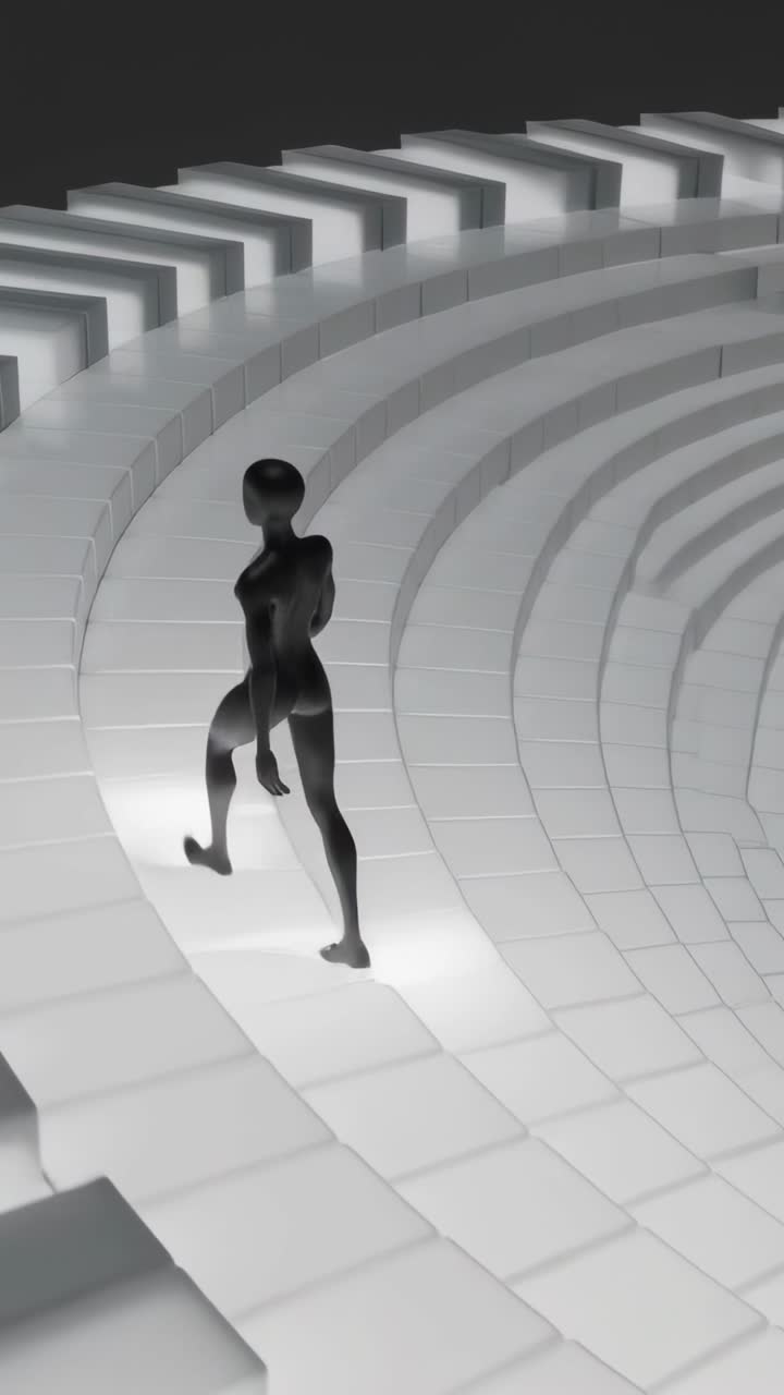 Video verticale: Figura scura e nuda che cammina su una scia luminosa, muovendosi in senso orario su anelli, tracciando un percorso circolare.