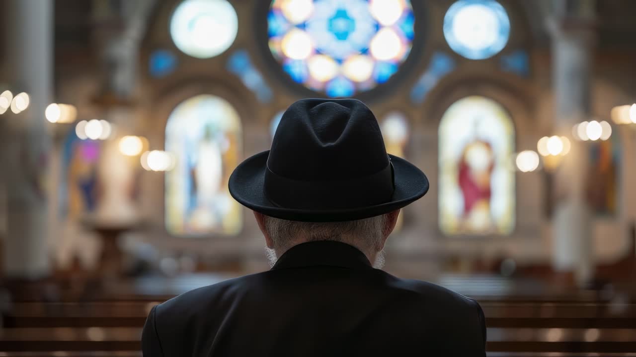Elderly gentleman sitting quietly in church, wearing a traditional hat, deeply engaged in personal prayer near stained glass windows, embodying spiritual reflection and peaceful devotion