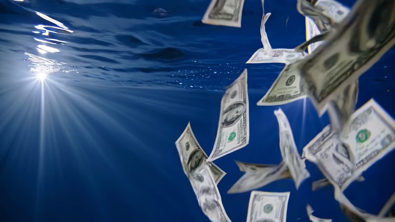Ripresa video subacquea con angolazione ascendente che mostra banconote da un dollaro che galleggiano, illuminate dalla luce solare.