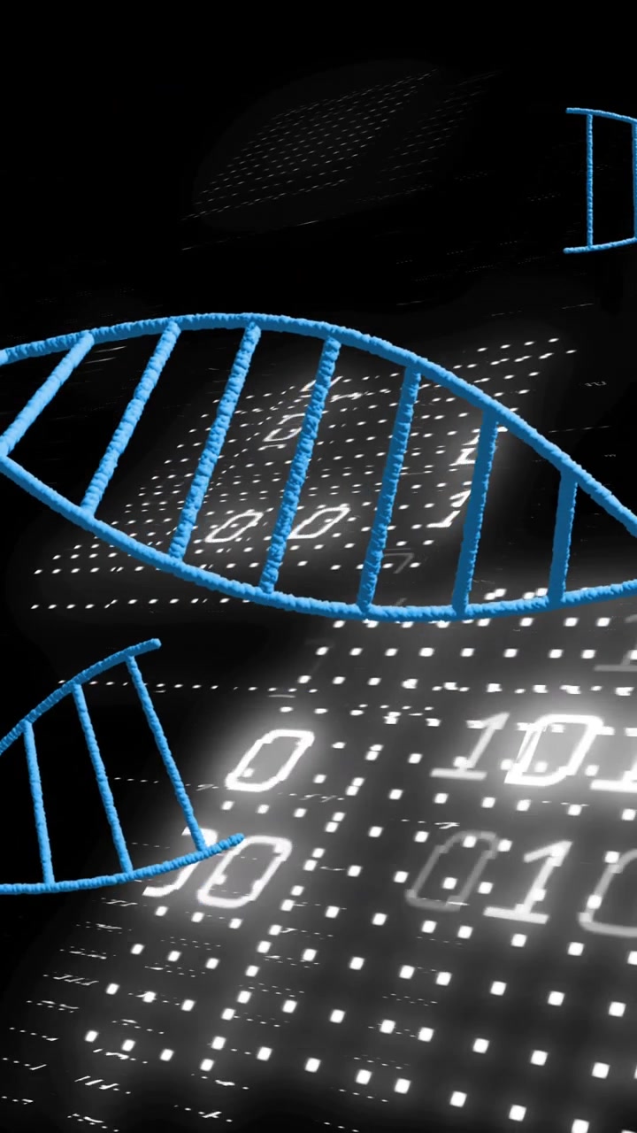 DNA strands and binary coding, scientific data processing animation