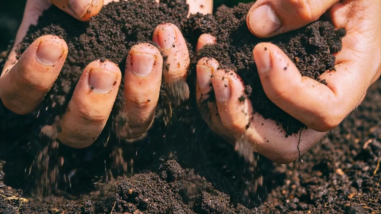 Un paio di mani adulte che comprimono e stringono terriccio scuro friabile in un'aiuola, mostrando frammenti di radici.