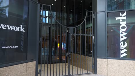 City-of-London-borough-London-England-September-2022-Establishing-shot-of-the-Wework-office-entrance