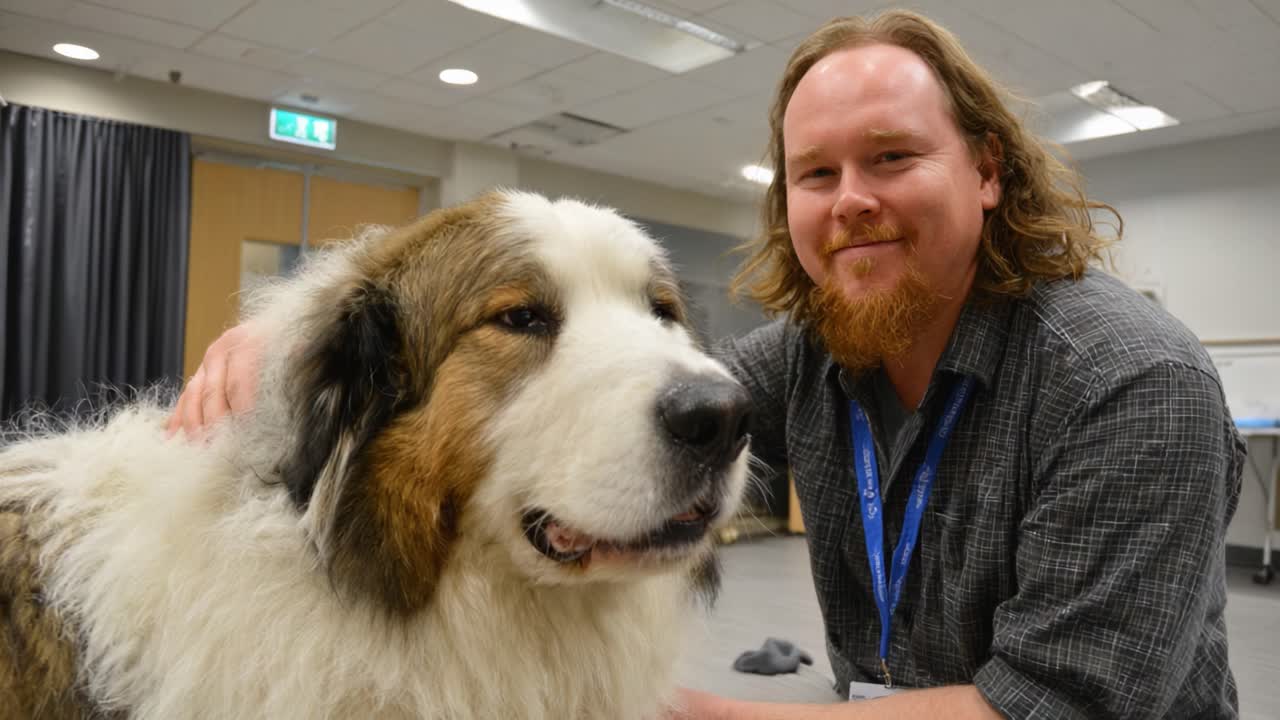 Un momento di gioia con un gigante gentile: un uomo e il suo adorabile cane condividono un legame in un ambiente interno accogliente