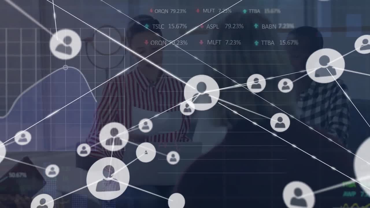 Animation of network of connections over diverse business people in office