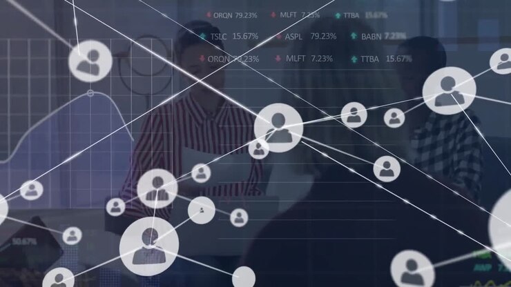 Animation of network of connections over diverse business people in office