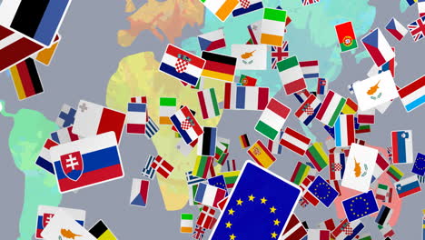 animación de banderas nacionales sobre el mapa del mundo
