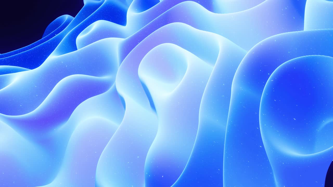 Abstract waves of soft blue matte material with light inner glow and glitters on morphing surface. Abstract geometric surface like landscape or terrain, extrude or displace 3d noise. Loop 4k