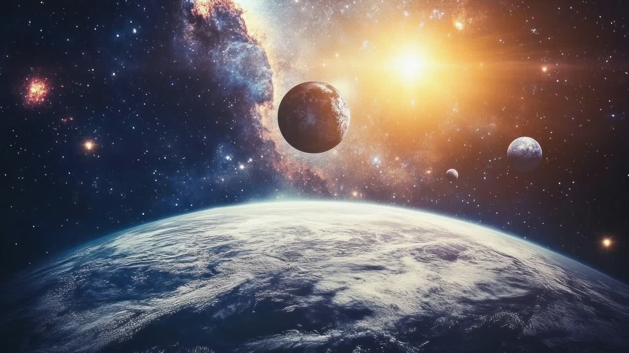 A cosmic video scene from a high-angle view, showcasing planets and a glowing sun in a vibrant