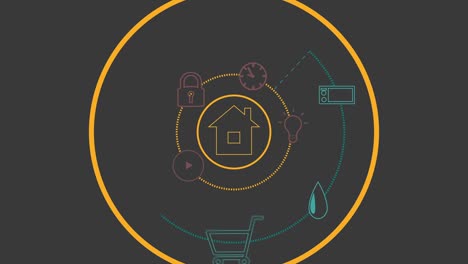 iconos de electrodomésticos inteligentes que aparecen uno por uno alrededor del icono de la casa en el centro sobre un fondo negro.