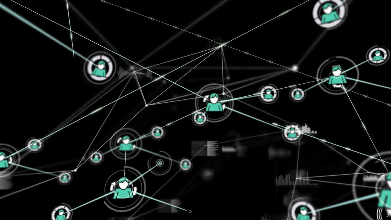 animación del procesamiento de datos, la red de conexiones y los iconos de perfil contra un fondo negro.