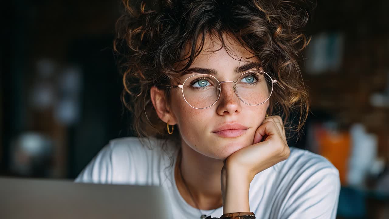 Thoughtful Young Woman with Curly Hair and Glasses Lost in Contemplation While Working at a Laptop, Captured in a Cozy Indoor Space