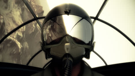 pilot in a cockpit, wearing a helmet and oxygen mask