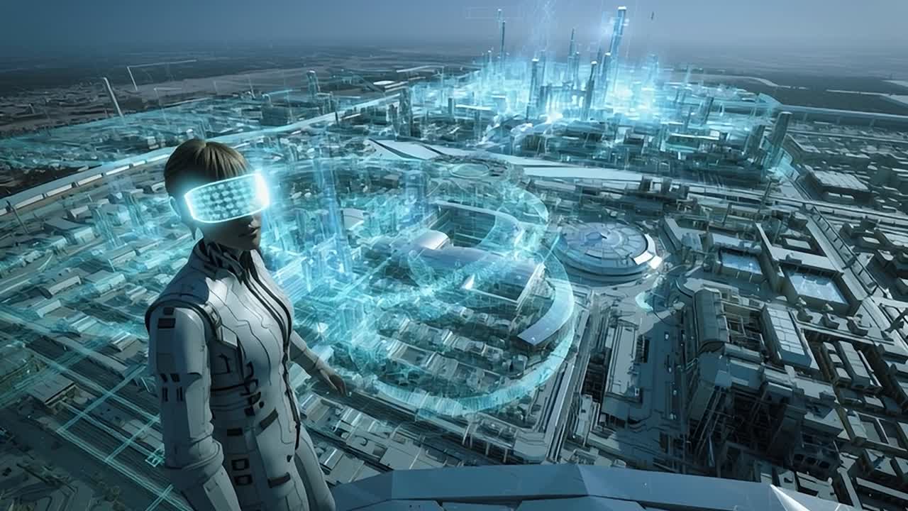 Futuristic cityscape viewed from a high vantage point at dusk