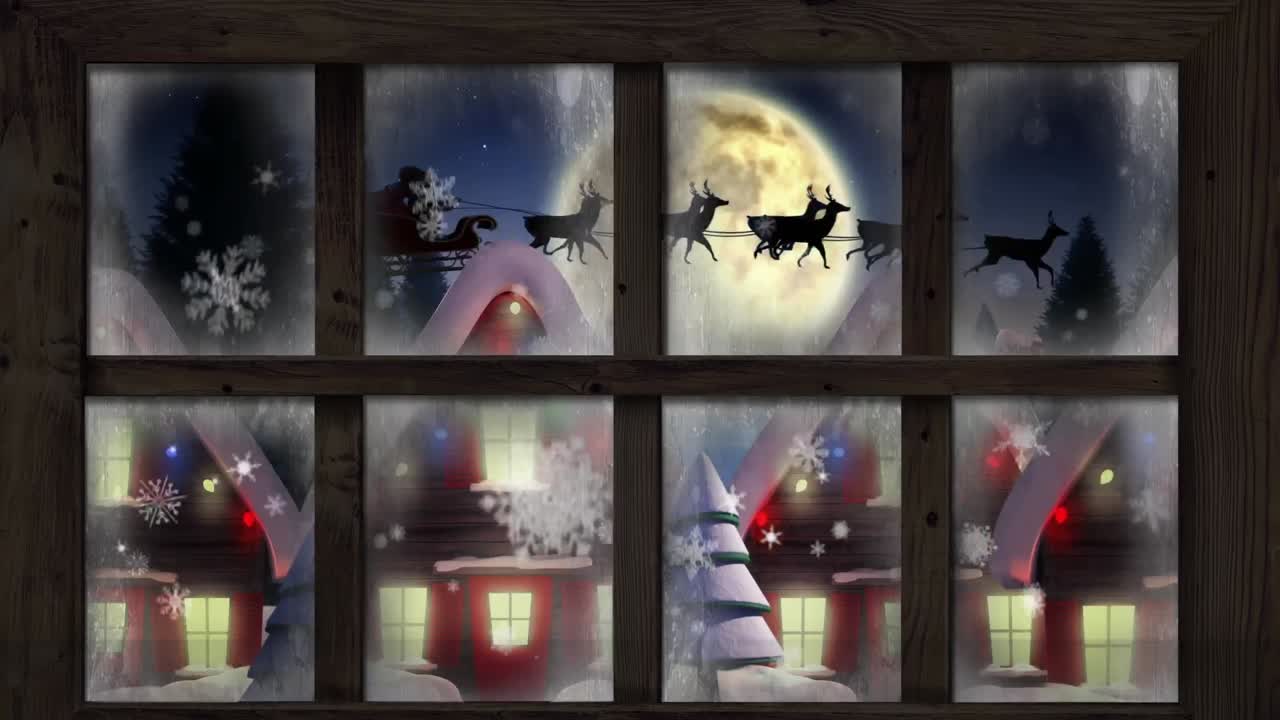 겨울 풍경에 여러 집과 나무 위에 떨어지는 눈송이에 대한 나무 창문 프레임