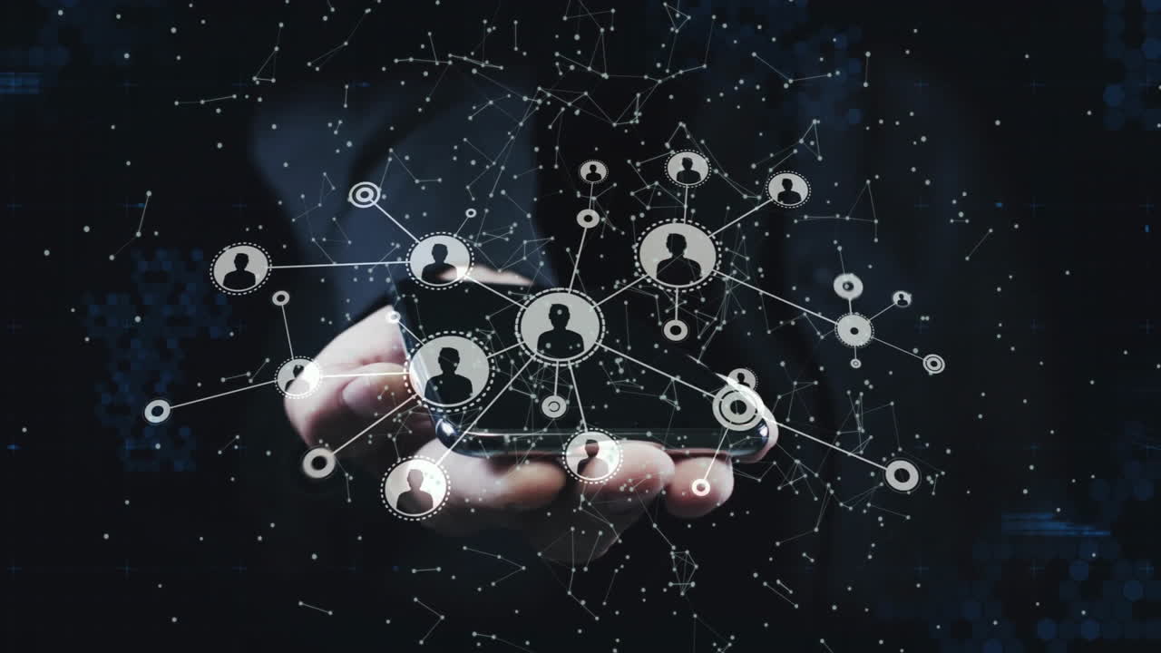 Hand holding smartphone while showing network nodes and data points in technology interface
