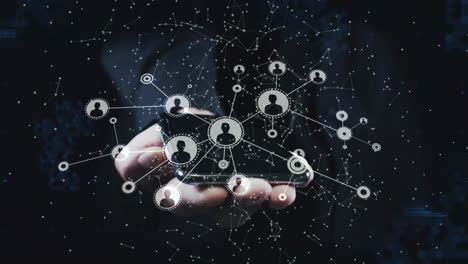 hand holding smartphone while showing network nodes and data points in technology interface