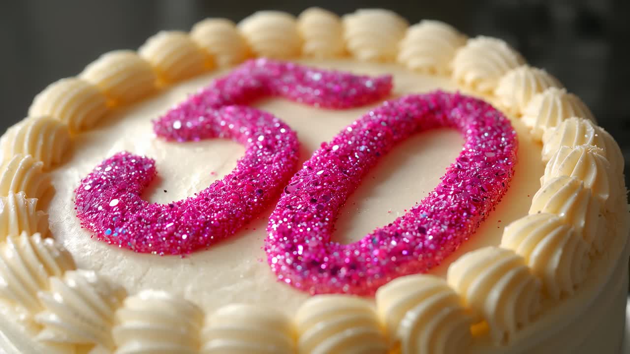 Camera pulling closer, frosted 50 cake shimmering on table, showing pink glitter and piped border