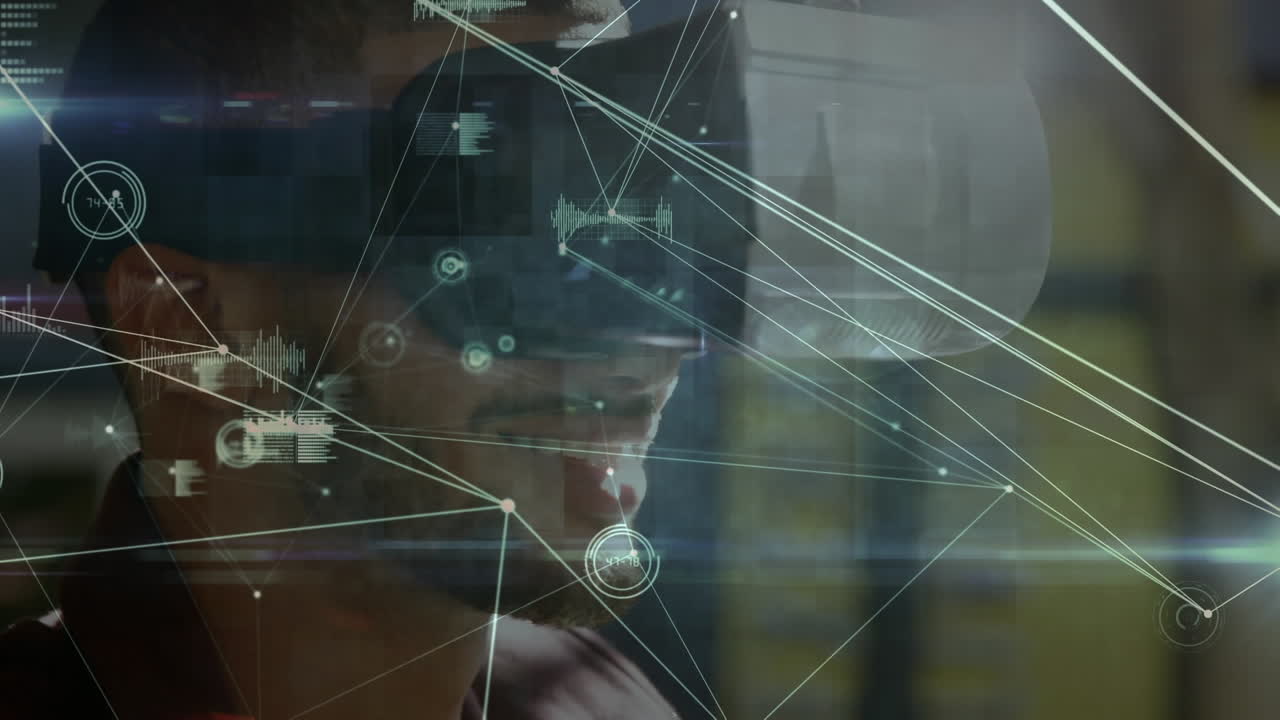 Animazione di una rete di connessioni sopra un uomo d'affari che indossa visori VR