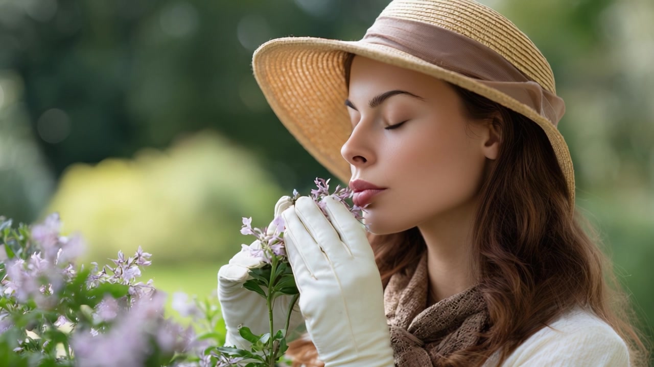 Un momento sereno nella natura: donna che si gode il profumo dei fiori mentre indossa un cappello elegante e guanti in un bellissimo ambiente da giardino.