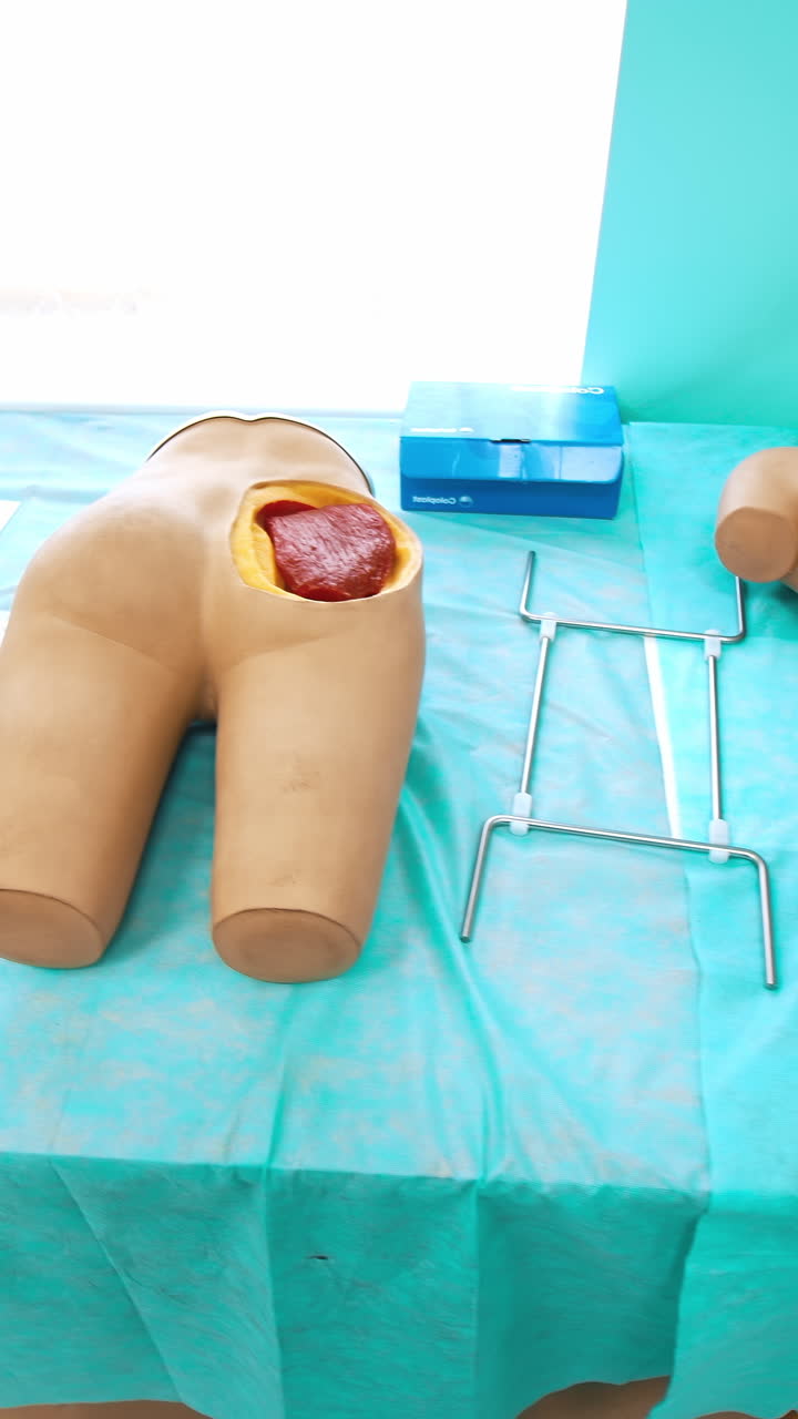 Plastic models for teaching in medical university. Dummy parts of human body for practising students lying on table. Vertical video