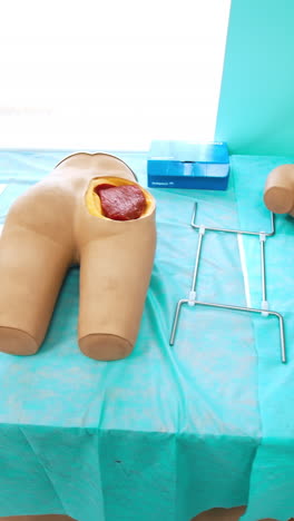 plastic models for teaching in medical university. dummy parts of human body for practising students lying on table. vertical video