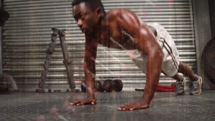 Animation of dna strand over african american man at gym