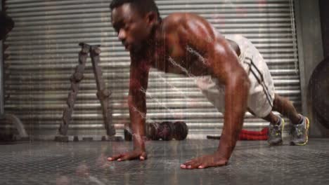 Animation-of-dna-strand-over-african-american-man-at-gym