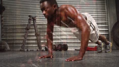 animación de cadena de adn sobre hombre afroamericano en el gimnasio