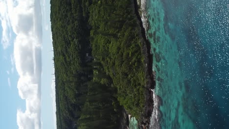 aerial circling above rugged coastline and emerald crystal waters on maré island, new caledonia