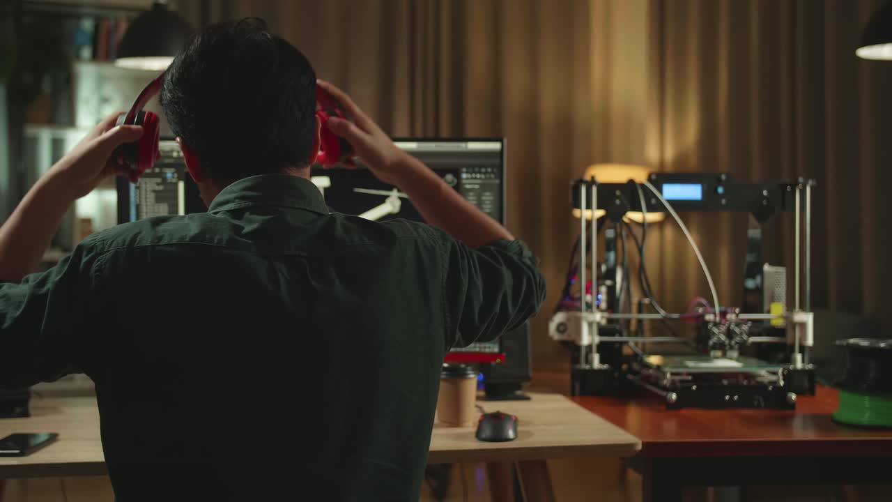 Back View Of Asian Engineer Start Work On Personal Computer And 3D Printer, Screen Shows Cad Software With 3D Prototype Of Drone Delivery