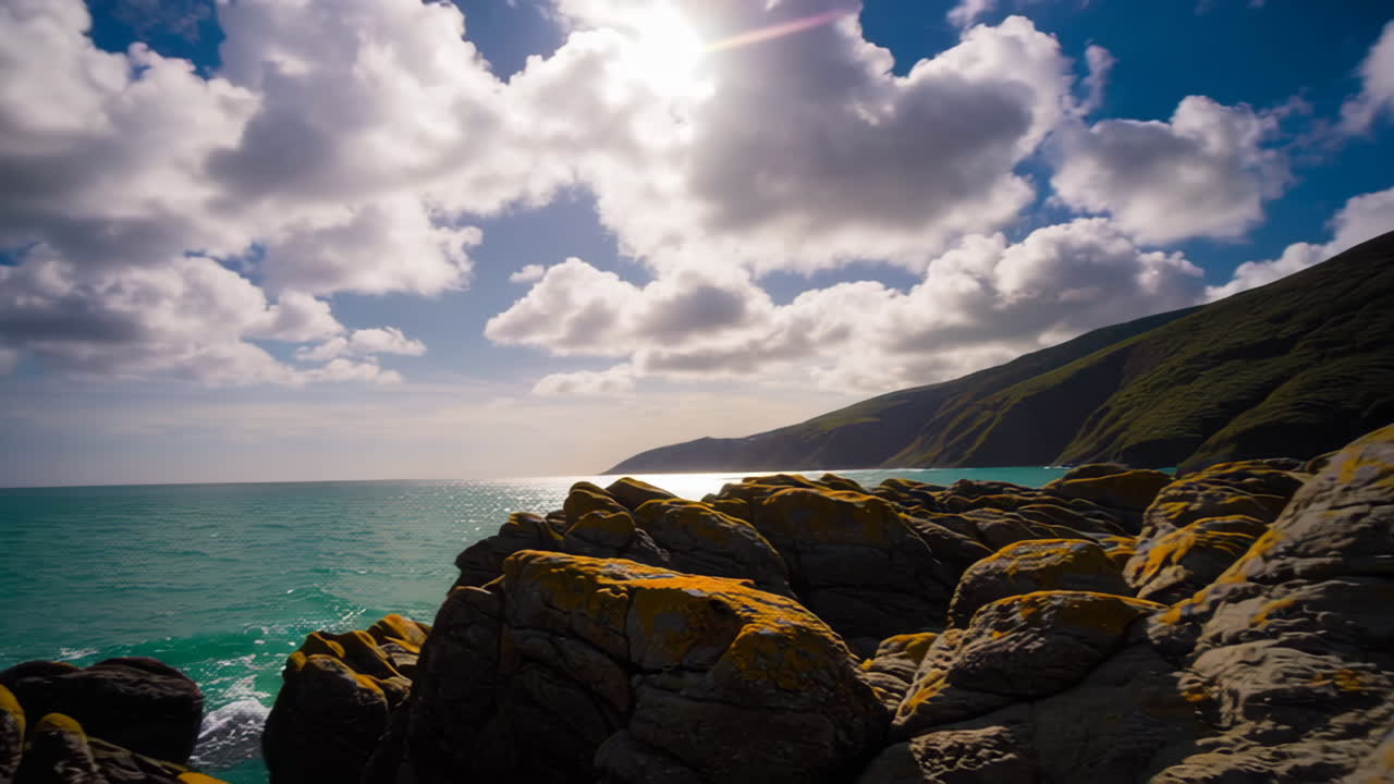 Rocky Coastline with Lichen and Azure Water