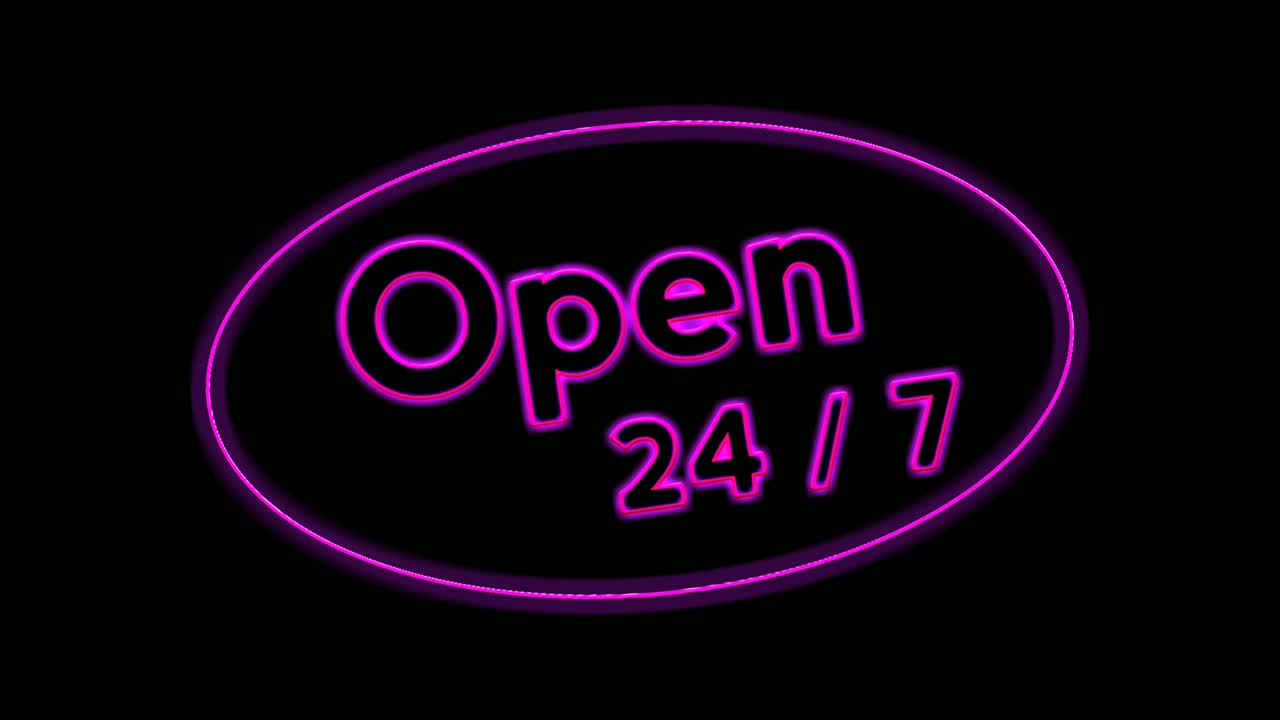 Animation purple neon light text OPEN 24 hours in ellipse border on black background for shop,retail, resort,bar display promotion business concept