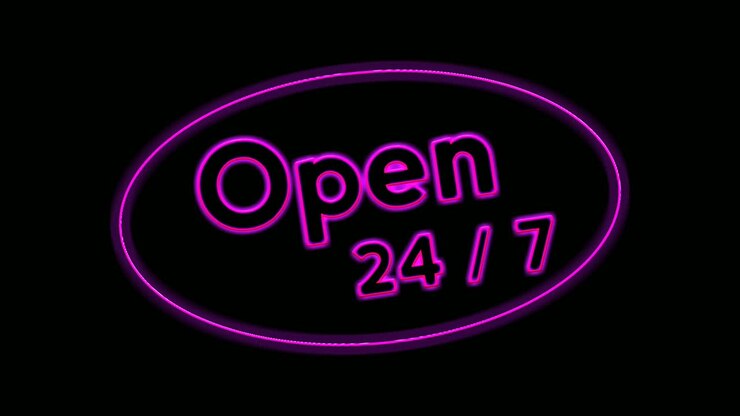 Animation purple neon light text OPEN 24 hours in ellipse border on black background for shop,retail, resort,bar display promotion business concept