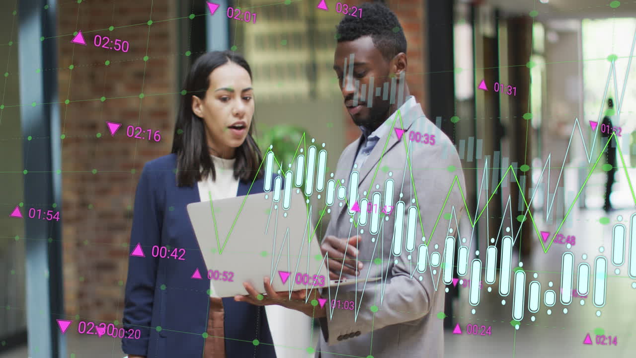 Animation of multiple graphs with changing numbers, diverse coworkers discussing reports on laptop