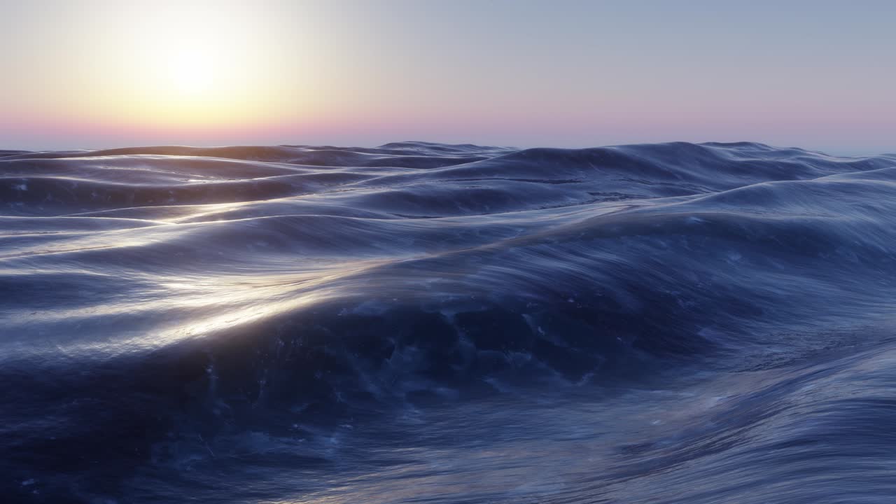 Turbulent high rolling ocean waves at sunrise with clear blue golden hour sky, seamless looping