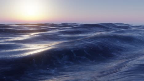 Turbulent-high-rolling-ocean-waves-at-sunrise-with-clear-blue-golden-hour-sky,-seamless-looping