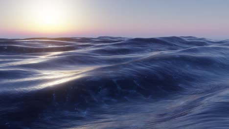 turbulent high rolling ocean waves at sunrise with clear blue golden hour sky, seamless looping