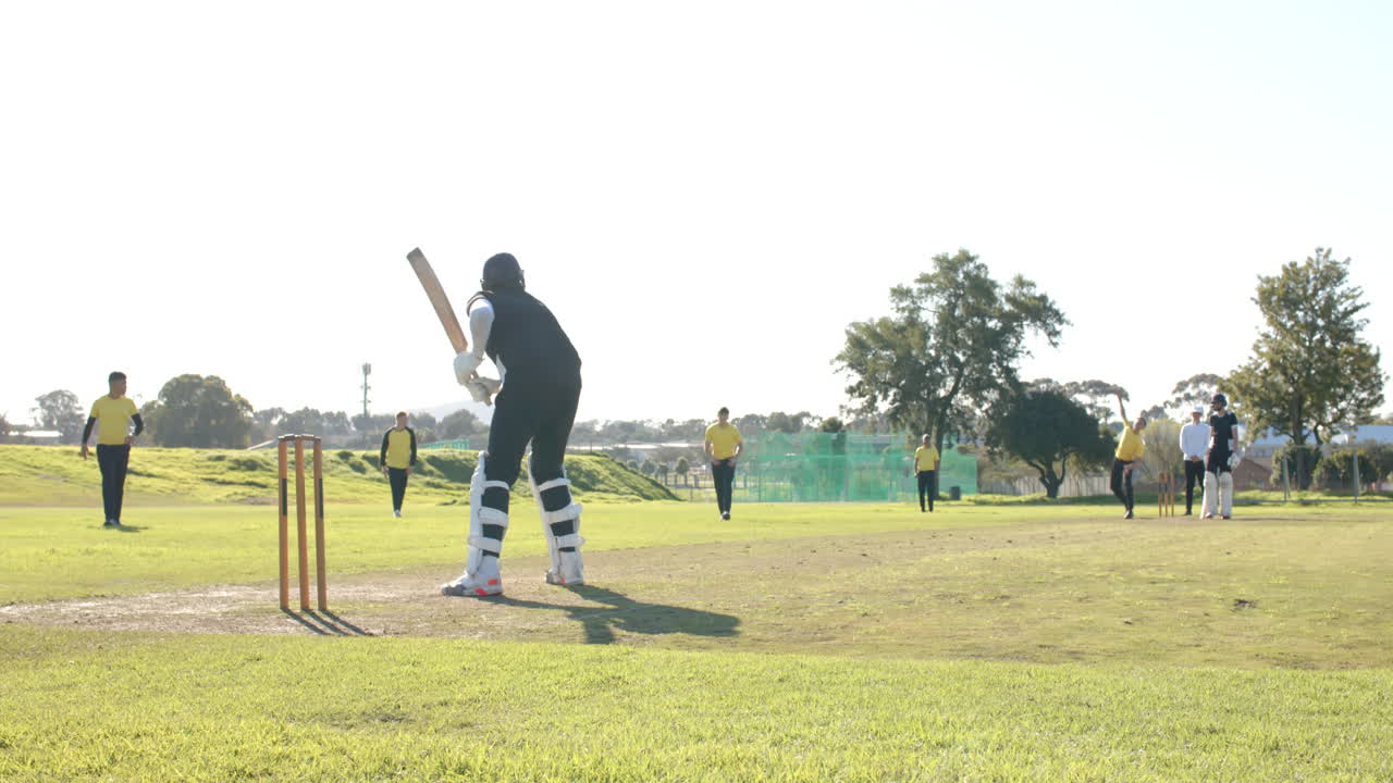 Two teams of multiracial male cricket players and male umpire playing cricket on pitch